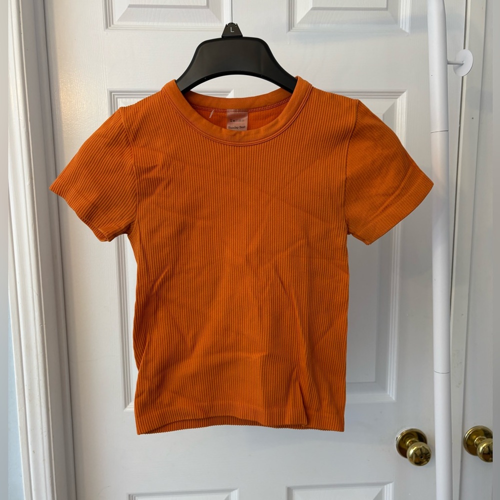Aritzia Sunday Best Ribbed Orange Crewneck Stretchy Short Sleeve T-Shirt Size XS - Picture 2 of 7